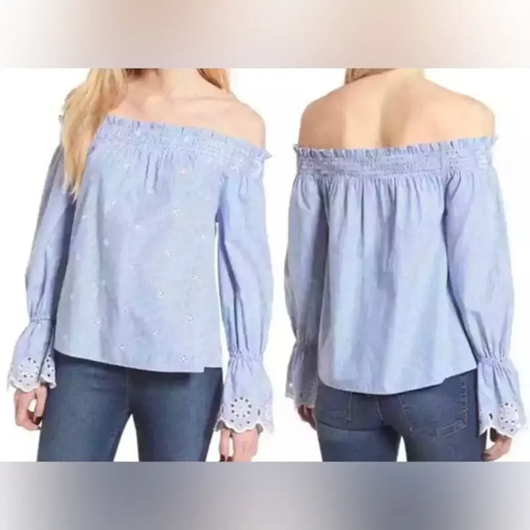 BP. Extra Small Blue White Striped Eyelet Off Shoulder Blouse Top - Picture 1 of 8